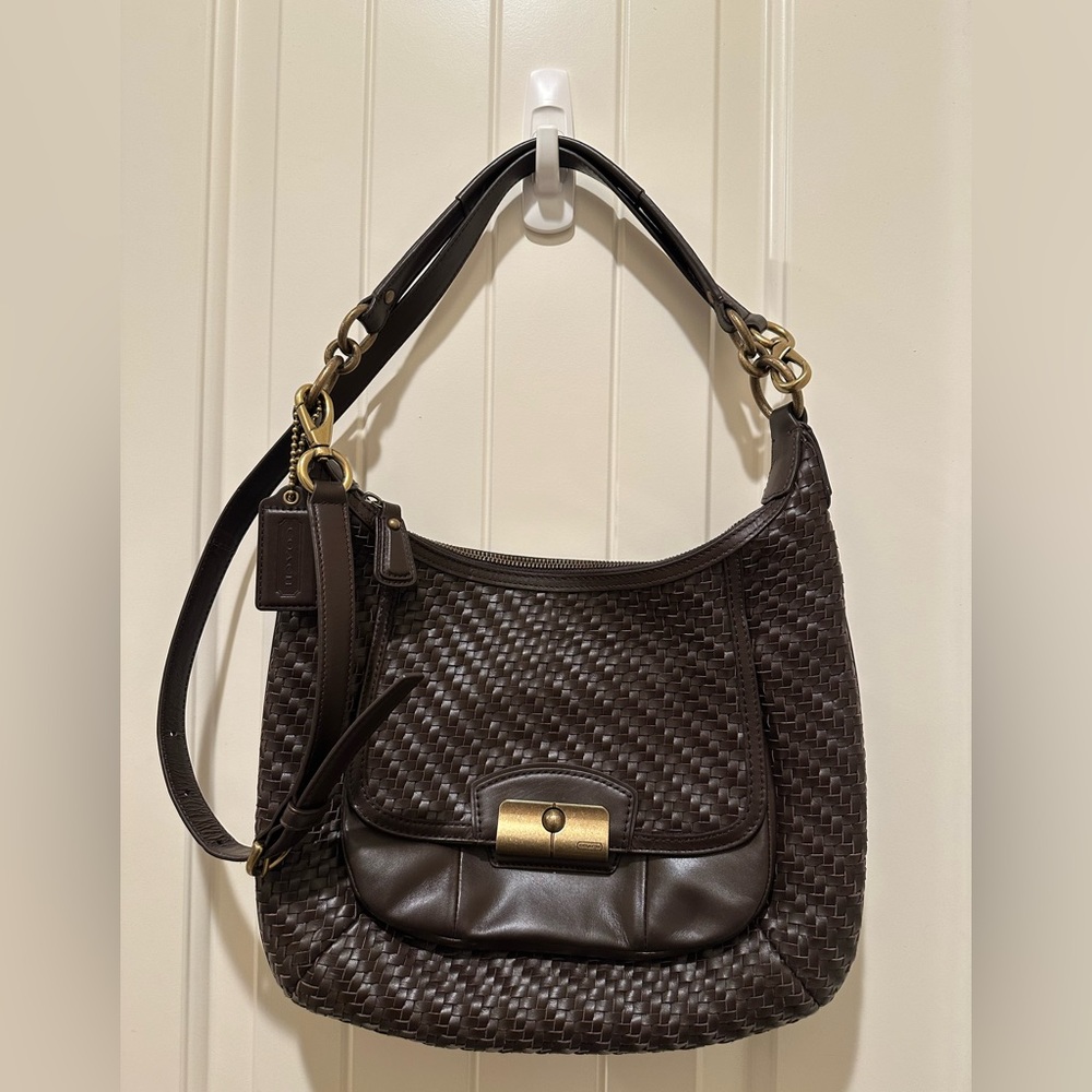 EUC Coach Kristin Woven Hobo Flap Crossbody Bag Chocolate Brown Smooth Leather